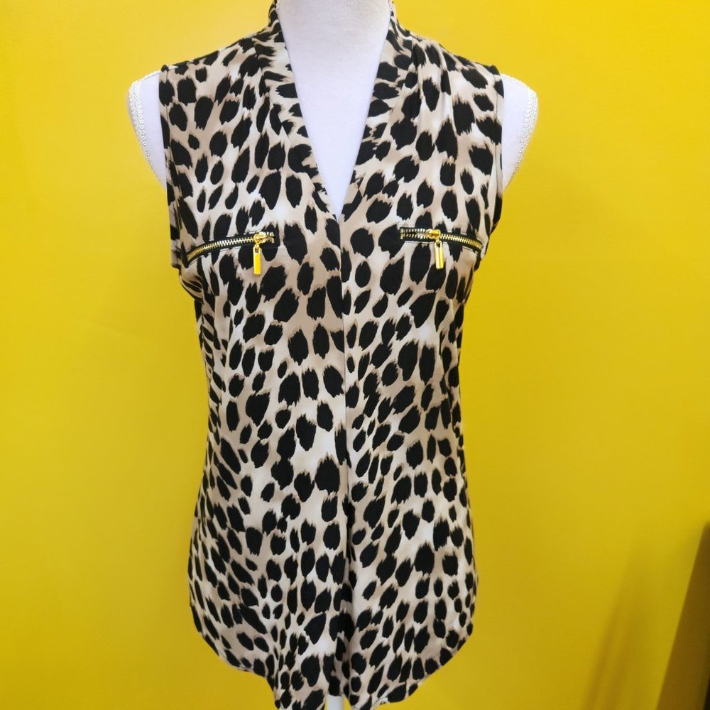 Calvin Klein Leopard Print Top Size Medium W/Gold Zip Accents